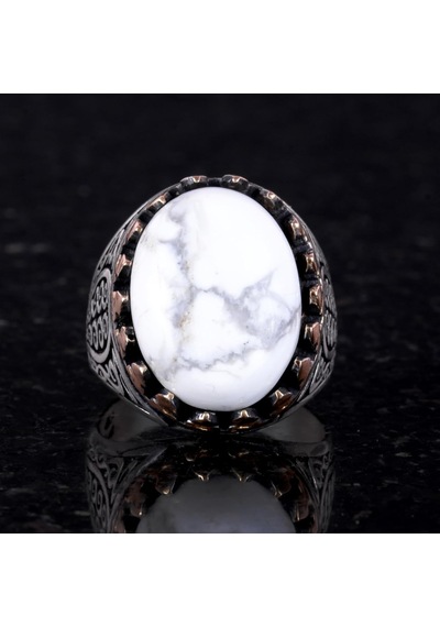 925 Ayar Katı Gümüş Erkek Yüzük, Doğal Taşlarla - El Yapımı Zarafet Howlite Taşı Gümüş