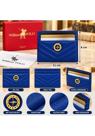 Williampolo Anka Hakiki Deri Unisex Kartlık-ince Tasarım Mavi