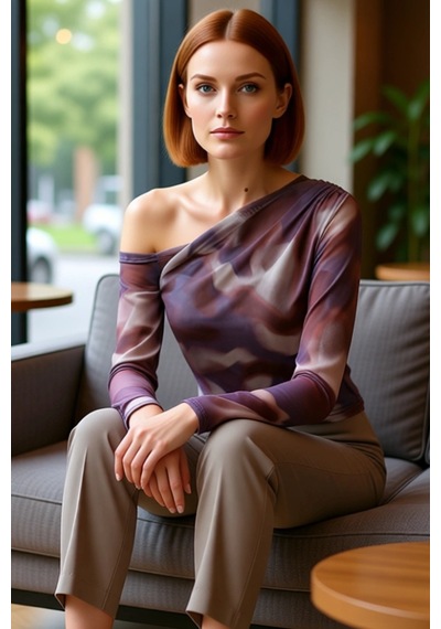 Ersefa Moda Asimetrik Yaka Örme Slim Çiçekli Desen Casual Günlük Regular Kahverengi