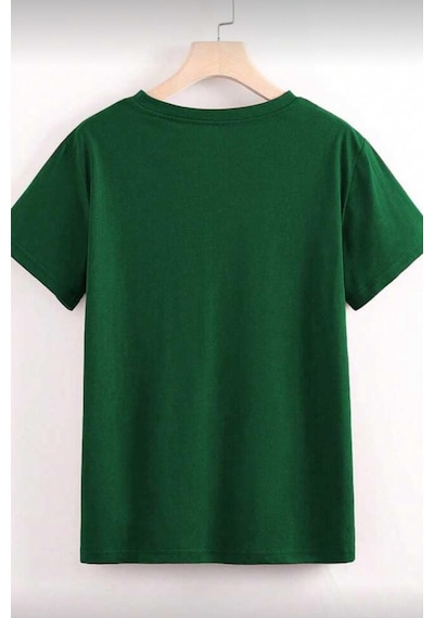 Gold Cherry Kadın Oversize Ön Baskılı Bisiklet Yaka Pamuklu T-shirt Rahat Kesim Yesıl