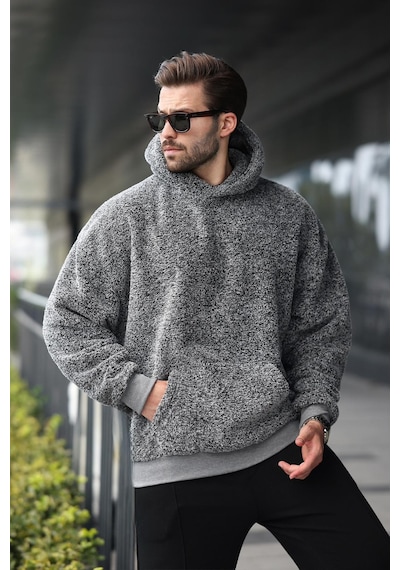 Madmext Gri Peluş Kapüşonlu Erkek Sweatshirt 6050 Gri