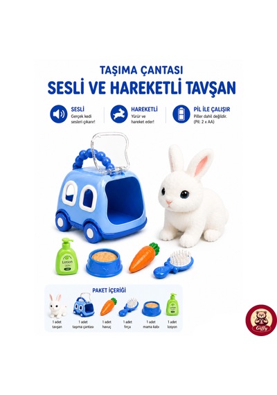 Oyuncak Tavşan Taşıma Çantalı Sesli Hareketli Pilli, Emekleme Oyuncağı Aksesuarlı Çocuklar İçin Eğitici Hayvan Sevgisi Mavi