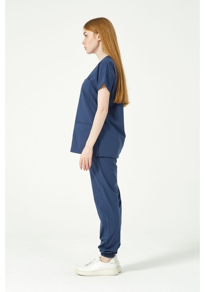 Fırtına Mavi Likralı Scrubs Jogger Paça Doktor Hemşire Forması Yarasa Kol Takım Unisex