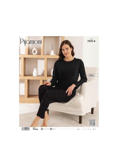 Pijamoni Kadın Milan Bisiklet Yaka Uzun Kol İnce Pijama Takımı 7575/4 - 1 Adet Siyah