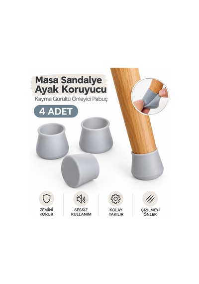 4 Adet Gri Masa Sandalye Ayak Koruyucu Silikon Pabuç Kaydırmaz Çizilme Önleyici Zemin Koruyucu
