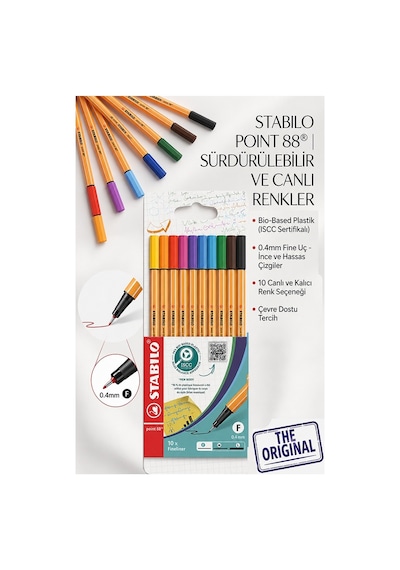 10 Renk Fineliner Kalem 1 Paket Stabilo Point 88 10 Lu Ana Renkler İnce Keçe Uçlu Kalem 0.4mm Su Bazlı Mürekkep