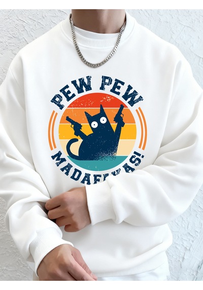 Startmore Startmoremadafakas Çift Silahlı Kedi Baskılı Erkek Kapüşonlu Üstü Sonbahar Polar Sıcak Sweatshirt Günl Beyaz