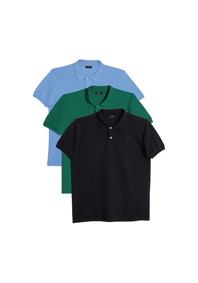 Tudors Erkek 3'lü Paket Siyah-yeşil-mavi Slim Fit Dar Kesim Pamuklu Düz Pike Polo Yaka Tişört-34601 Multi