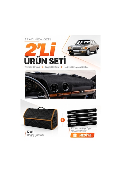 E-biz Mercedes W123 1976-1985 Uyumlu Torpido Örtüsü + Deri Çanta - Siyah-kahverengi - Mb010
