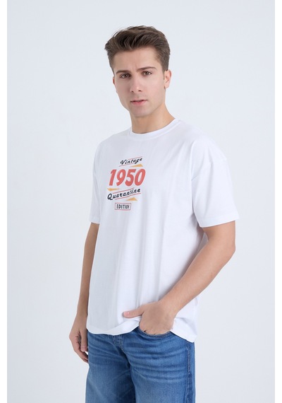 Erkek Oversize Baskılı T-shirt Beyaz 1950 Beyaz