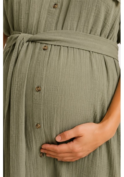 Luvmabelly Myra5860 Doğal Yumuşacık Müslin Kumaş - Yazlık Gömlek Hamile Elbise - Yeşil