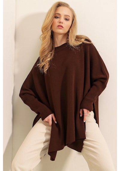 Bigdart 15783 Yırtmaçlı Panço Kazak - Kahverengi 001