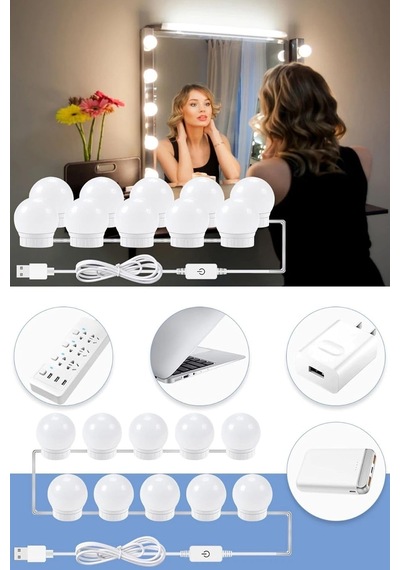 Tr Nostalji Hollywood Tarzı 10'lu Makyaj Masası Aynası Beyaz Led Işıklı Lamba Usb Genel