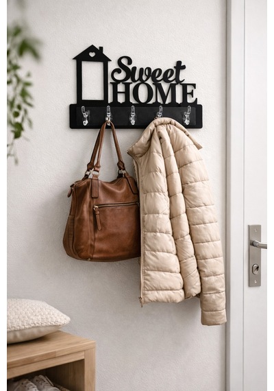 Sweet Home Duvar Askılığı 6 Kancalı Dekoratif Anahtarlık Ve Askı 39 X 28 Cm Siyah Siyah