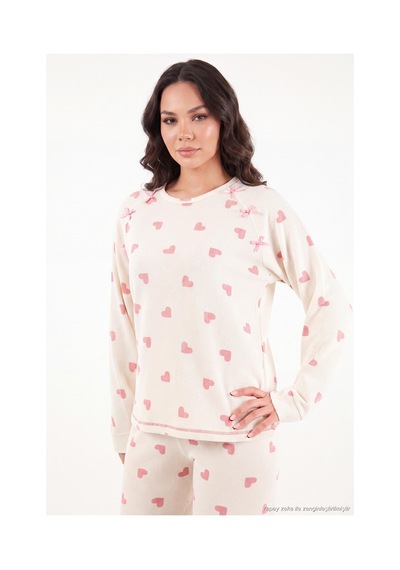 Lela Desenli Yumuşak Dokulu Uzun Kollu Pijama Takımı Kadın Pijama Takımı 6575020 Ekru