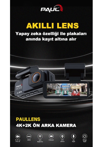 4k Yapay Zekalı Araç Kamerası Ön Arka Plaka Okuma, Hız Göstergesi, Gps Harita, Adas, 5g Wi-fi