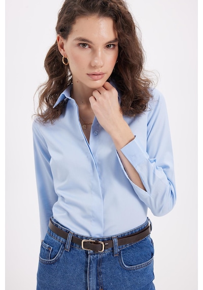 Tudors Kadın Slim Fit Non-ıron Pamuklu Vücuda Oturan Ütü Gerektirmez Pensli Mavi Gömlek-42047 Mavi