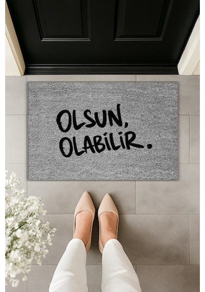 Rugmood Modern Dijital Baskı - Olsun Olabilir Paspas - Kapı Önü Paspası Gri