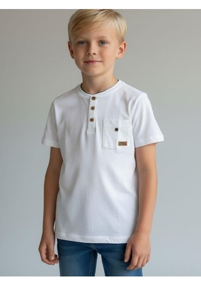Zekids Erkek Çocuk Pamuklu Düğmeli Basic T-shirt-16780 Ekru
