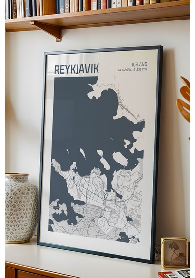 Reykjavik İzlanda Iceland Haritası Çerçeveli Tablo Ofis Salon Duvar Dekorasyonu Hediyelik Tablo