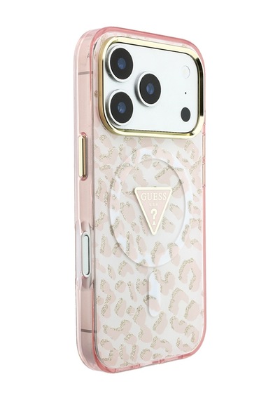 Apple iPhone Uyumlu 18 Pro Max Kılıf Guess Lisanslı M-safeli Üçgen Logolu Simli Leopar Desenli Kapak Pembe