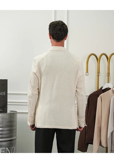 Modefendi %100 Pamuk Keten Modern Fit Keten Ceket Krem