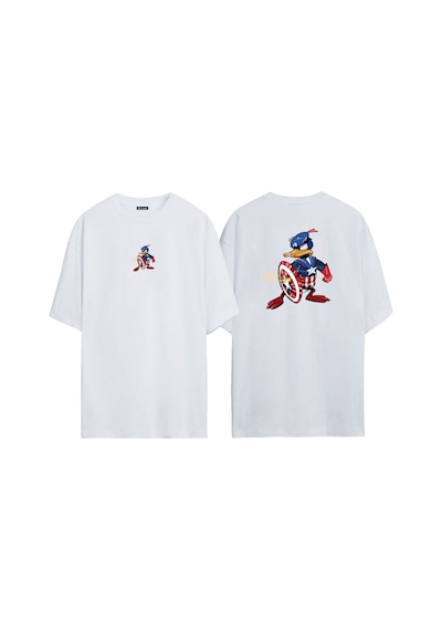 Thewert Unisex Donald Duck Kaptan Amerika Ön Arka Baskılı Beyaz Oversize T-shirt
