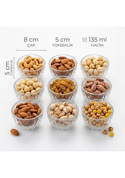 Deinhaus Cam Kase Seti, Şeffaf, 6'lı, 8 Cm Çap, 5 Cm Yükseklik, 135 Ml, Kuruyemiş Ve Atıştırmalık Servis İçin Çok Renkli