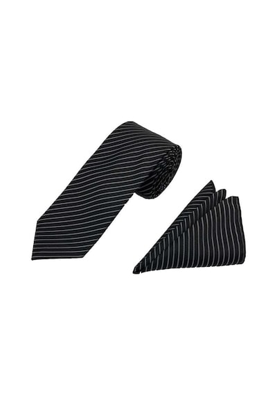 Brianze 7.5 Cm Siyah Gri Çizgili Kravat Mendil Set Siyah