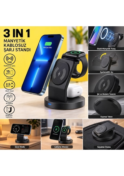 Mi 17 Pro Max Uyumlu 3 Ü 1 Arada Manyetik Kablosuz Şarj Standı Telefon, Akıllı Saat Ve Kulaklık Şarj İstasyonu Siyah