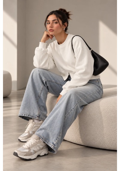 Bbbutikbasic Fermuar Detaylı Şardonlu 3 İplik Kadın Sweatshirt My3535 beyaz