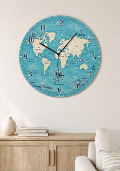 AA Shop Dünya Haritası Desenli Dekoratif Baskılı Ahşap Duvar Saati 45 Cm Sessiz Akar Mekanizma 865 Çoklu Renkli