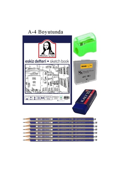 Eskiz Defteri A4 50 Yaprak Karakalem Çizim Seti Hamur Silgi Faber Castell Dereceli Kalem