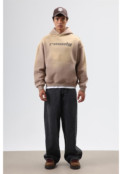 Vamos Oversize Baskılı Yıkamalı Hoodie Vizon