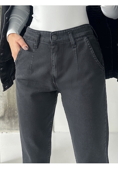 Blue Marlin Pileli Kuşaklı Mom Jeans Siyah