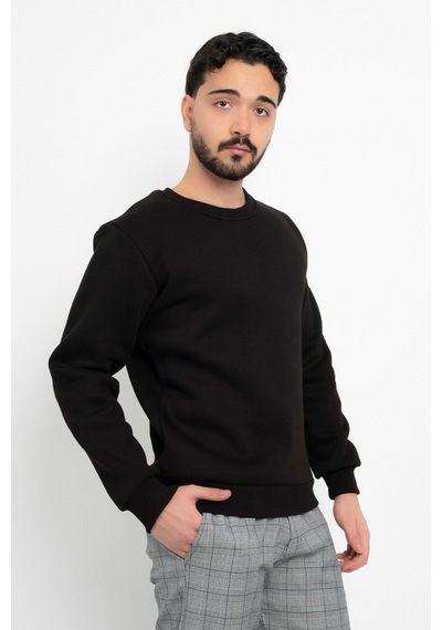 Dasüniforma Basic Baskısız 3 İplik Unisex Cepsiz Düz Sweatshirt Yuvarlak Yaka Sweat Siyah