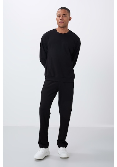 Tommy Life Siyah Kompakt Pamuklu Kalın Pürüzsüz Dokulu O Yaka Comfort Fit Erkek Eşofman Takım -85263 Siyah
