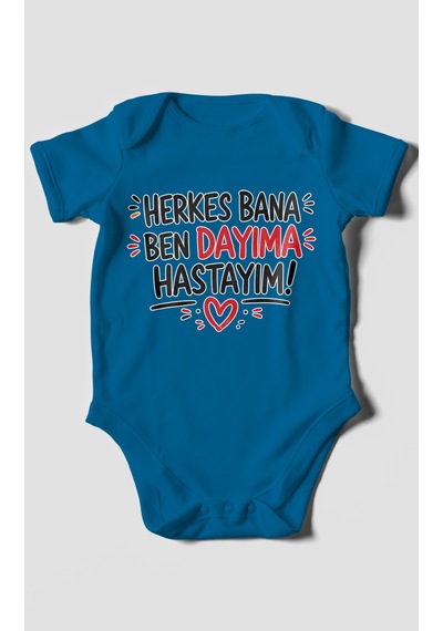 Morivokids Herkes Bana, Ben Dayıma Hastayım Kısa Kollu Bebek Body %100 Pamuk Koyu Mavi