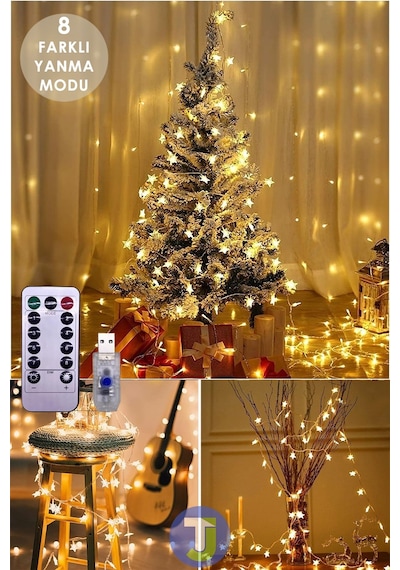 Technojet 100 Ledli 10.mt Kumandalı Usbli Dekoratif Yıldız Model Şerit Led Işık Yılbaşı Süsleme Gün Işığı - Sarı
