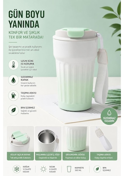 304 L Çelik 400 Ml Yeşil Beyaz Degrade El Termos Mug Cin918ys Çok Renkli