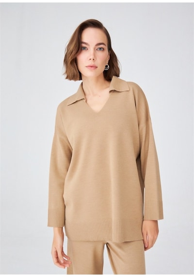 Peraluna Polo V Yaka Bol Kesim Kadın Triko Kazak Camel Melanj Camel