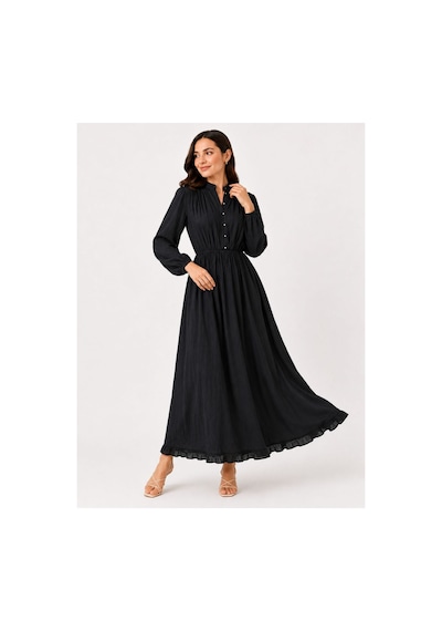 Hira Life Fashion Kadın Çilek Kumaş Ve Önü Düğmeli Eteği Fırfırlı Hakim Yaka Elbise Siyah Siyah Hira Life Fashion Kadın Çilek Kumaş Ve Önü Düğmeli Eteği Fırfırlı Hakim Yaka Elbise Siyah Siyah