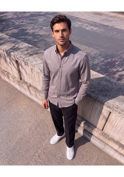 Butik İstanbul Erkek Standart Kesim Gabardin Kumaş Uzun Kollu Gömlek Krem