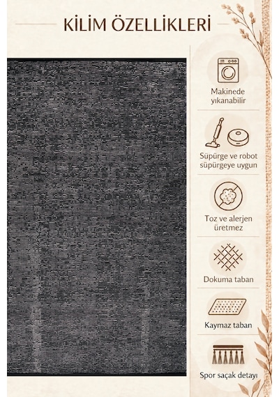 Şönil Kilim Salon Oturma Çocuk Odası Banyo Halısı Mutfak Halısı Balkon Halısı Yıkanabilir Kaymaz Tabanlı Yolluk Antrasit
