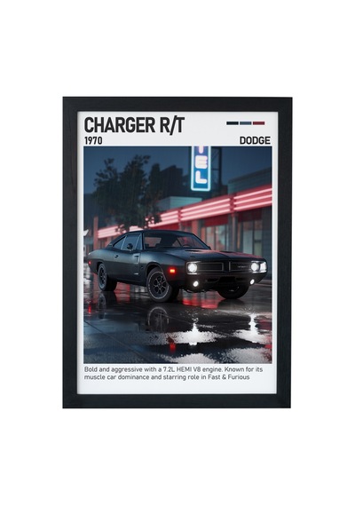 Dodge Charger R/t Ahşap Çerçeveli Poster Tablo Muscle Car İkonu Siyah