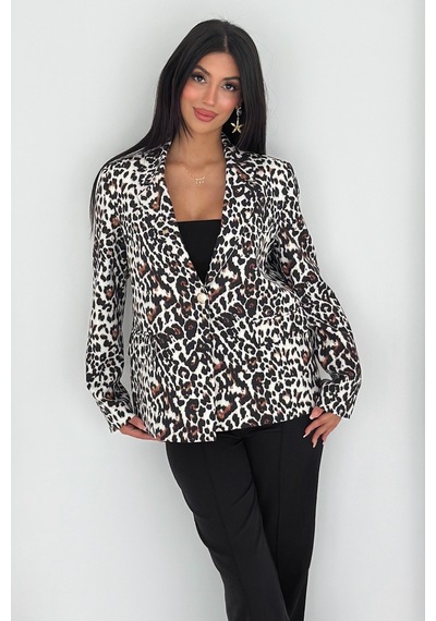 Femelle Gri Leopar Desenli Blazer Ceket Vatkalı İçi Astarlı
