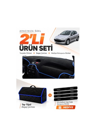 Peugeot 206 Küçük Ekranlı 1998-2009 Uyumlu Torpido Örtüsü + Tay Tüyü Çanta Seti - Siyah Mavi