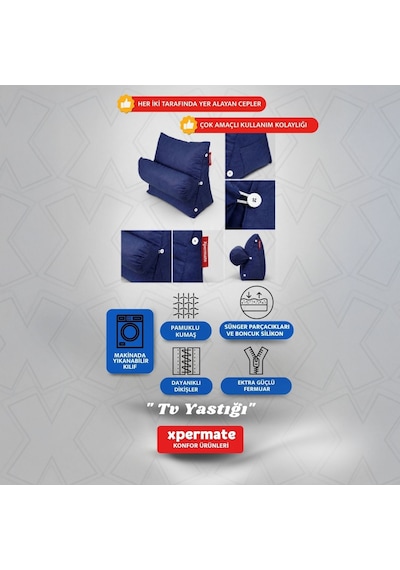 Xpermate Sırt, Bel, Boyun Destekli TV Yastığı Okuma Yastığı Ameliyat Sonrası Lacivert