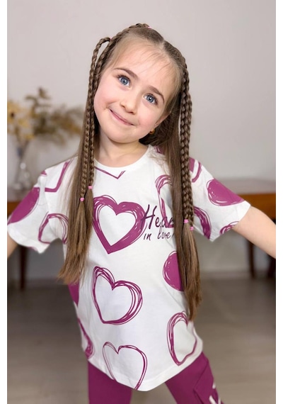 Riccotarz Kız Çocuk Pano Kalp Baskı Bisiklet Yaka T-shirt Kargo Cepli Alt Mor Eşofman Takım Mor