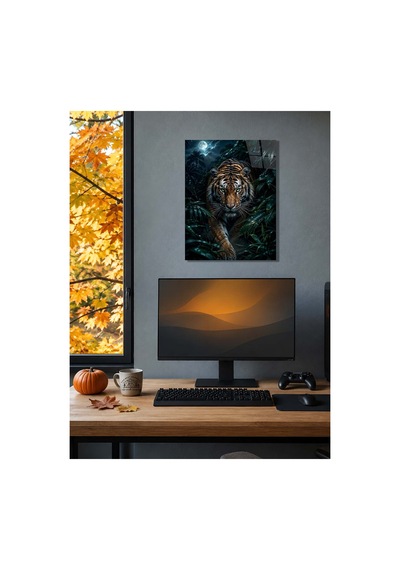 Kaplan Metal Poster Dolunay Ve Tropikal Orman Manzaralı Vahşi Hayvan Dekoratif Duvar Tablosu Çok Renkli - 938045792 Çok Renkli - 938045792 Çok Renkli